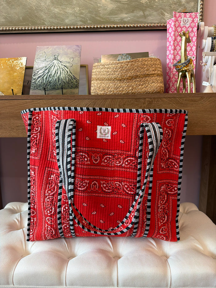 Block Print Reversible Tote Bag - Red Bandanna