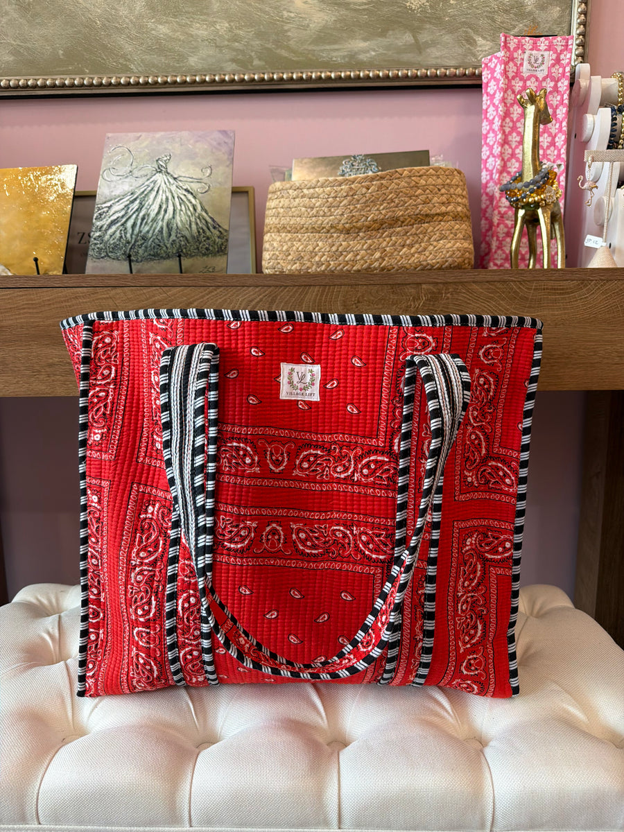 Block Print Reversible Tote Bag - Red Bandanna