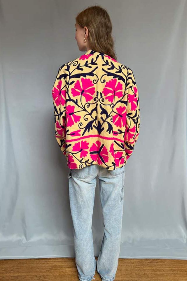 Embroidered Reversible Cotton Jacket - Yellow & Hot Pink