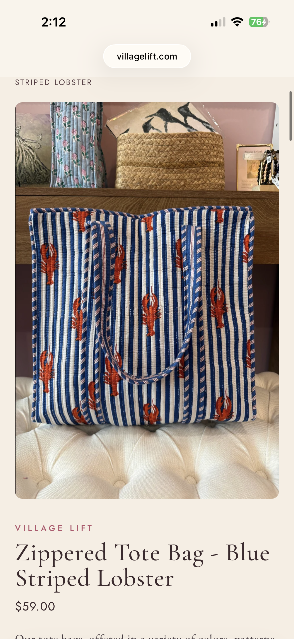 Zippered Tote Bag - Blue Striped Lobster