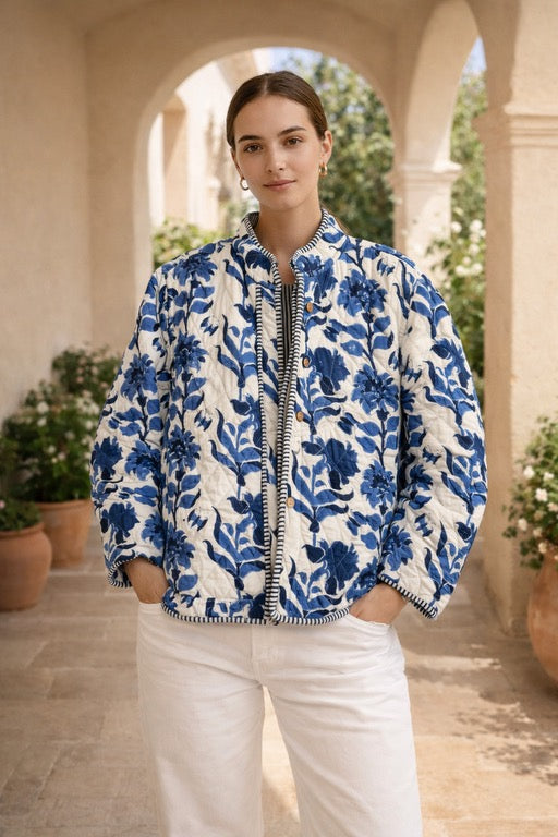 Block Print Quilted Reversible Jacket - Blue