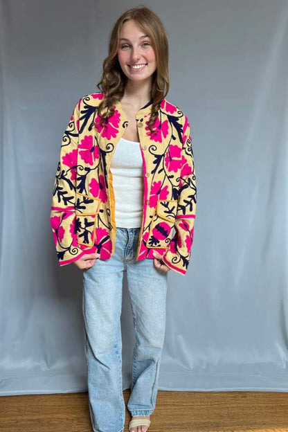 Embroidered Reversible Cotton Jacket - Yellow & Hot Pink