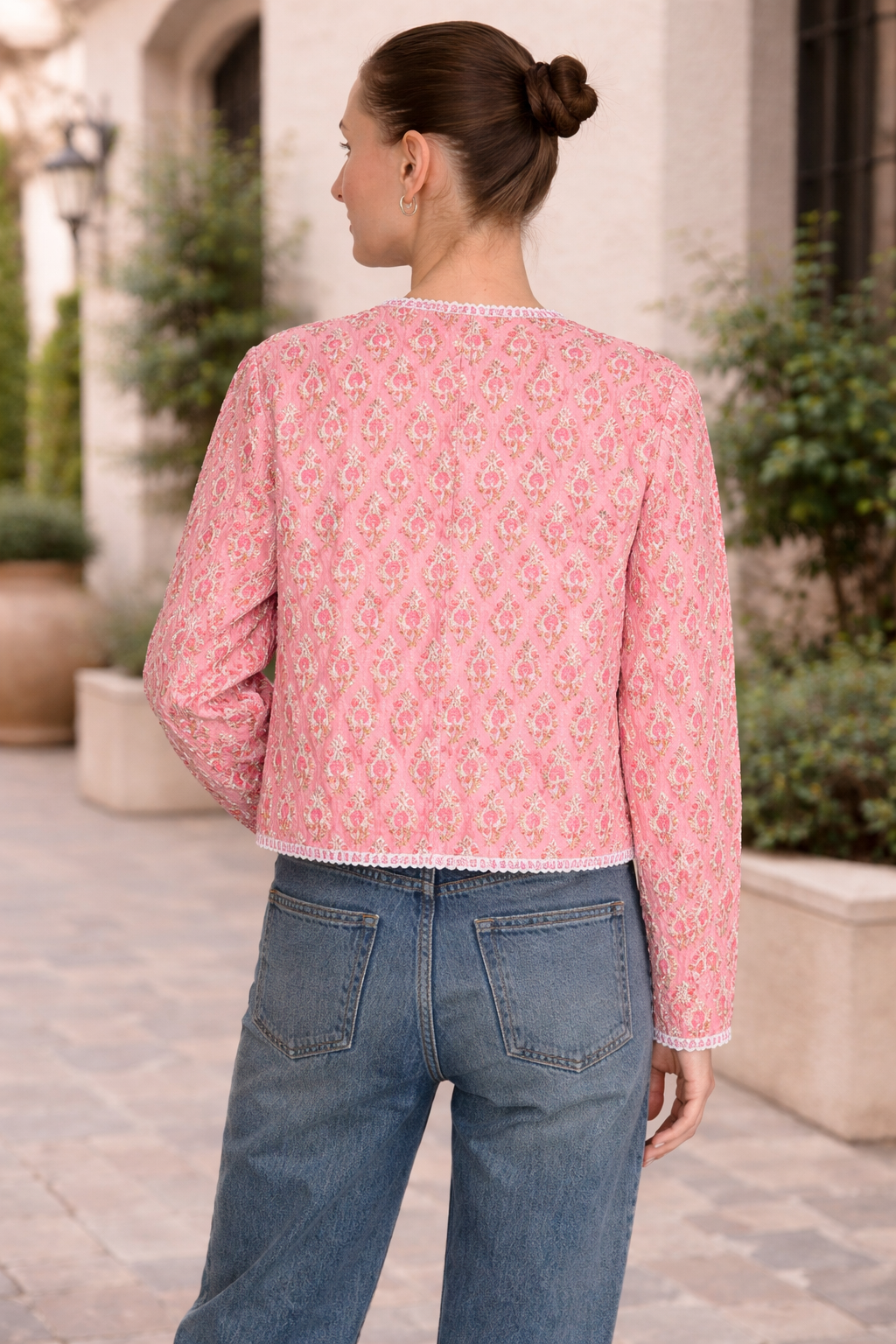 Block Print Quilted Cropped Reversible Jacket - Pink