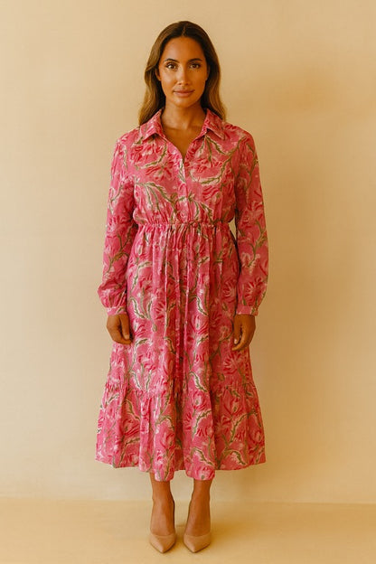 Block Print Cinched Waist Midi Dress - Dusty Floral Print