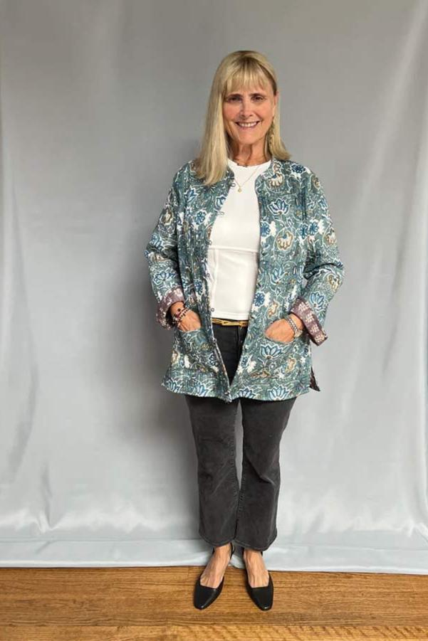 Block Print Quilted Reversible Jacket - Blue Green and Brown