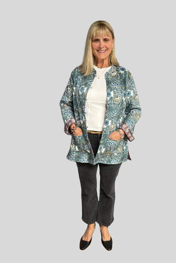 Block Print Quilted Reversible Jacket - Blue Green and Brown