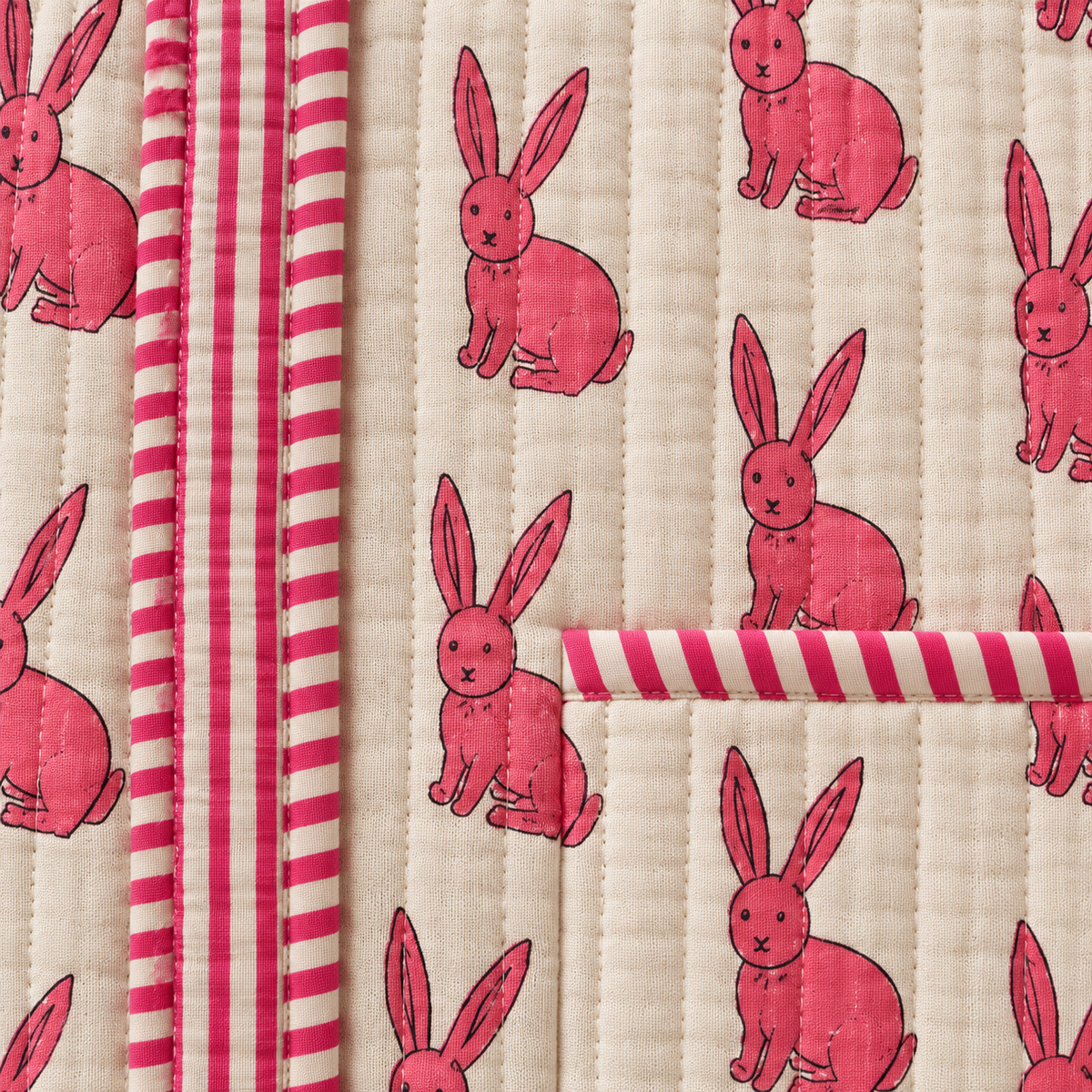 Block Print Reversible Tote Bag - Pink Bunny