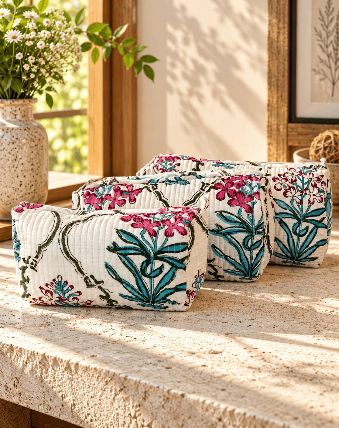 Block Print Nested Cosmetic Bags – Set of 3 | Signature Collection