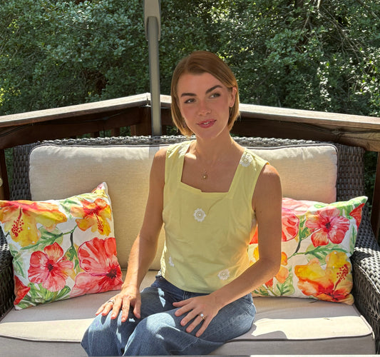 Embroidered Square Neck Tank - Yellow Daisy