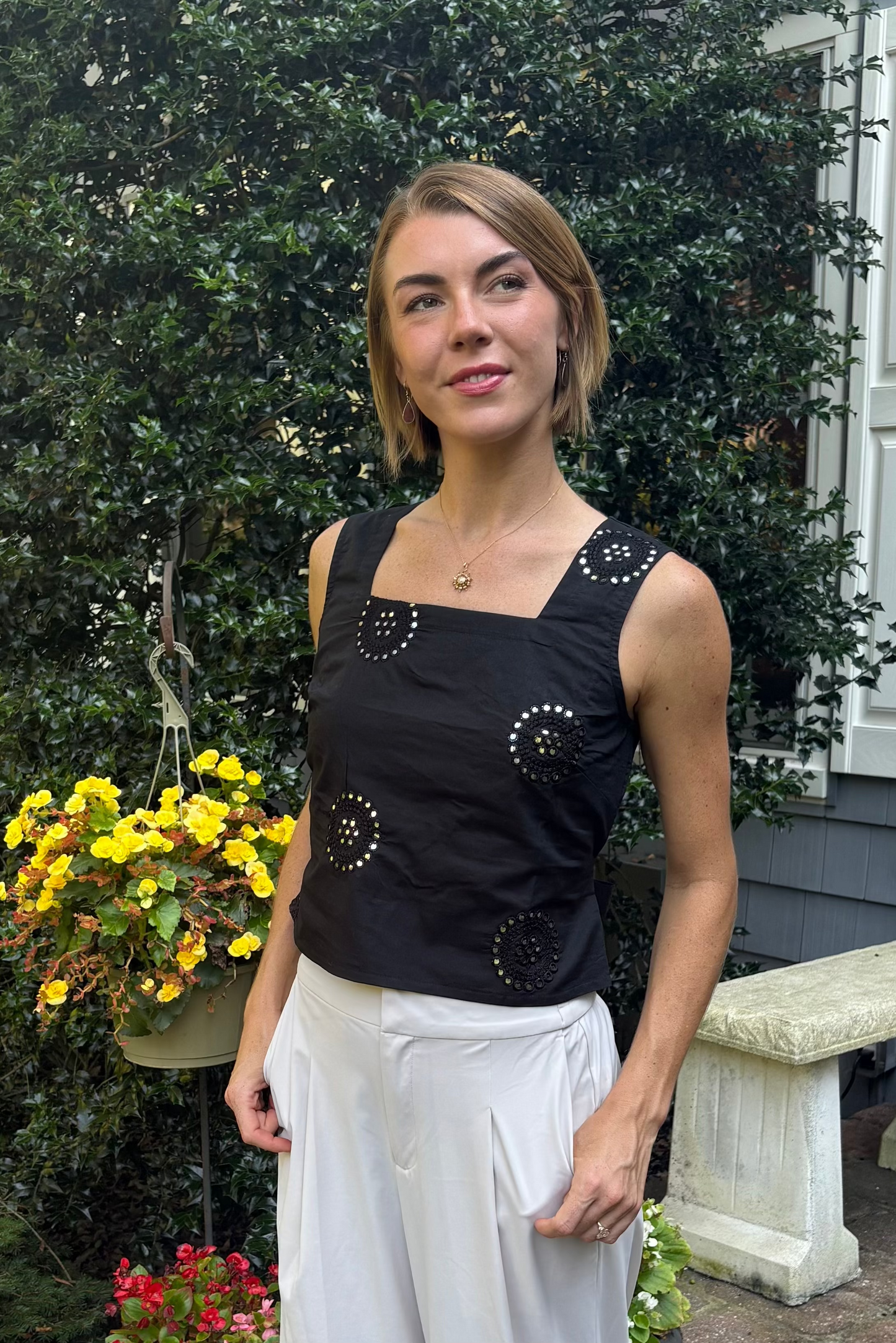 Embroidered Square Neck Tank - Black Mirror