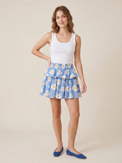 Chloe Mini Tiered Skirt - Blue with Daisies