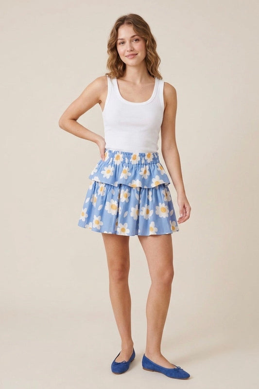 Chloe Mini Tiered Skirt - Blue with Daisies
