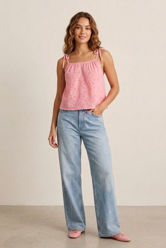 Chloe Shoulder Tie Top - Pink Eyelet