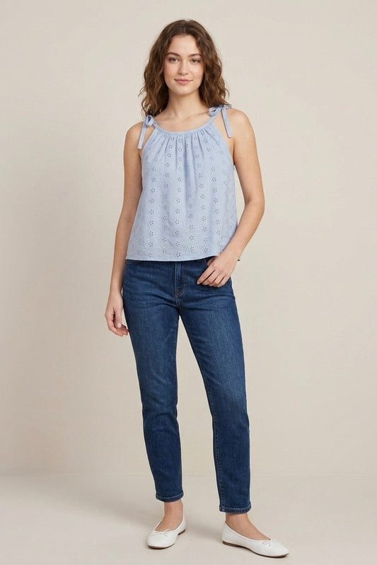 Chloe Shoulder Tie Top - Muted Blue Eyelet