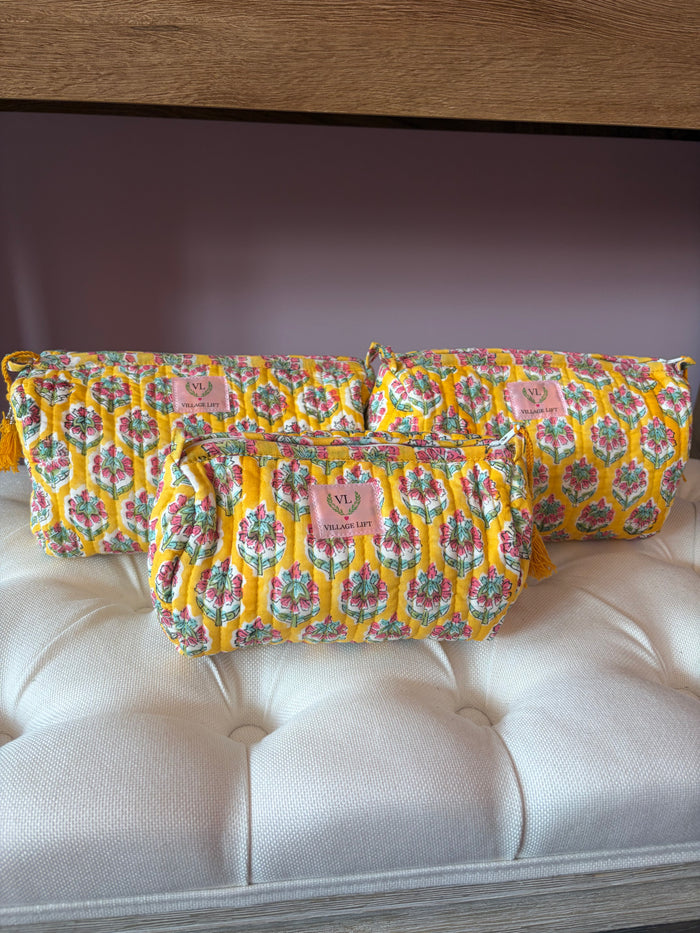 Block Print Nested Cosmetic Bags - Set of 3 - Yellow with Flower Boti