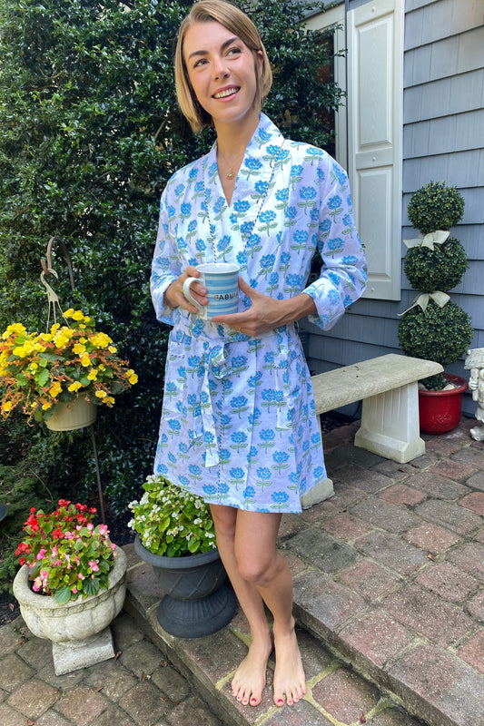 Block Print Robe - Blue Hydrangeas