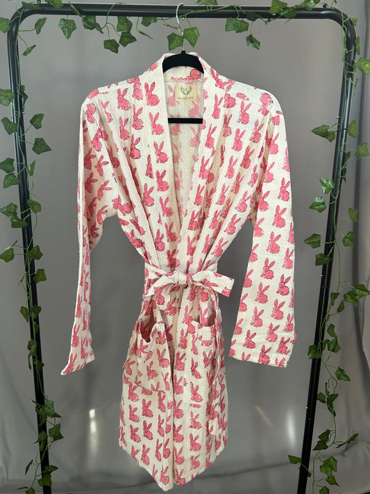 Block Print Waffle Cotton Robe - Pink Bunny