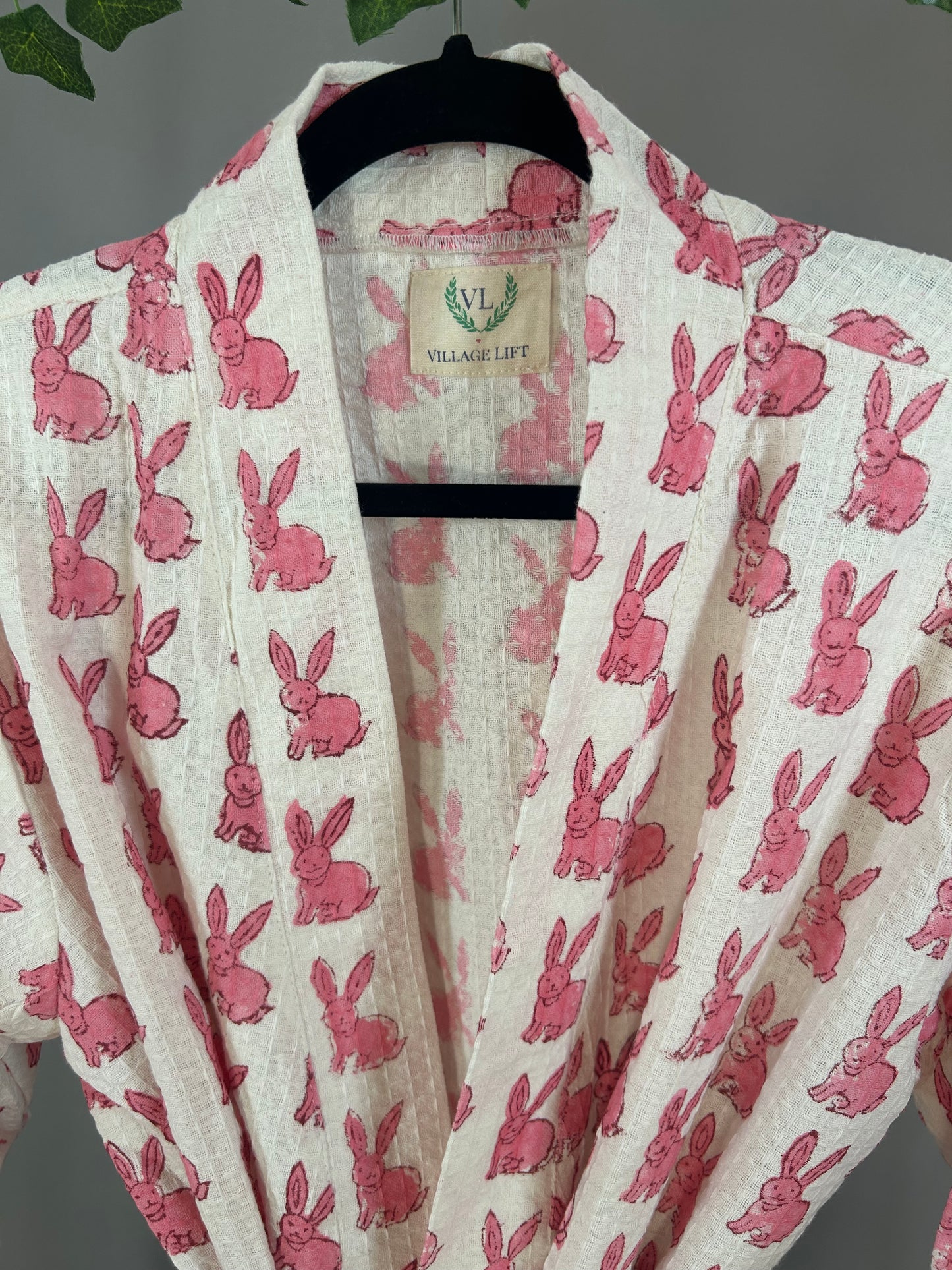 Block Print Waffle Cotton Robe - Pink Bunny