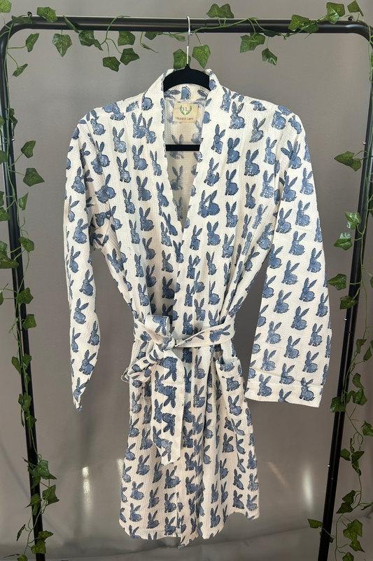 Block Print Waffle Cotton Robe - Blue Bunny