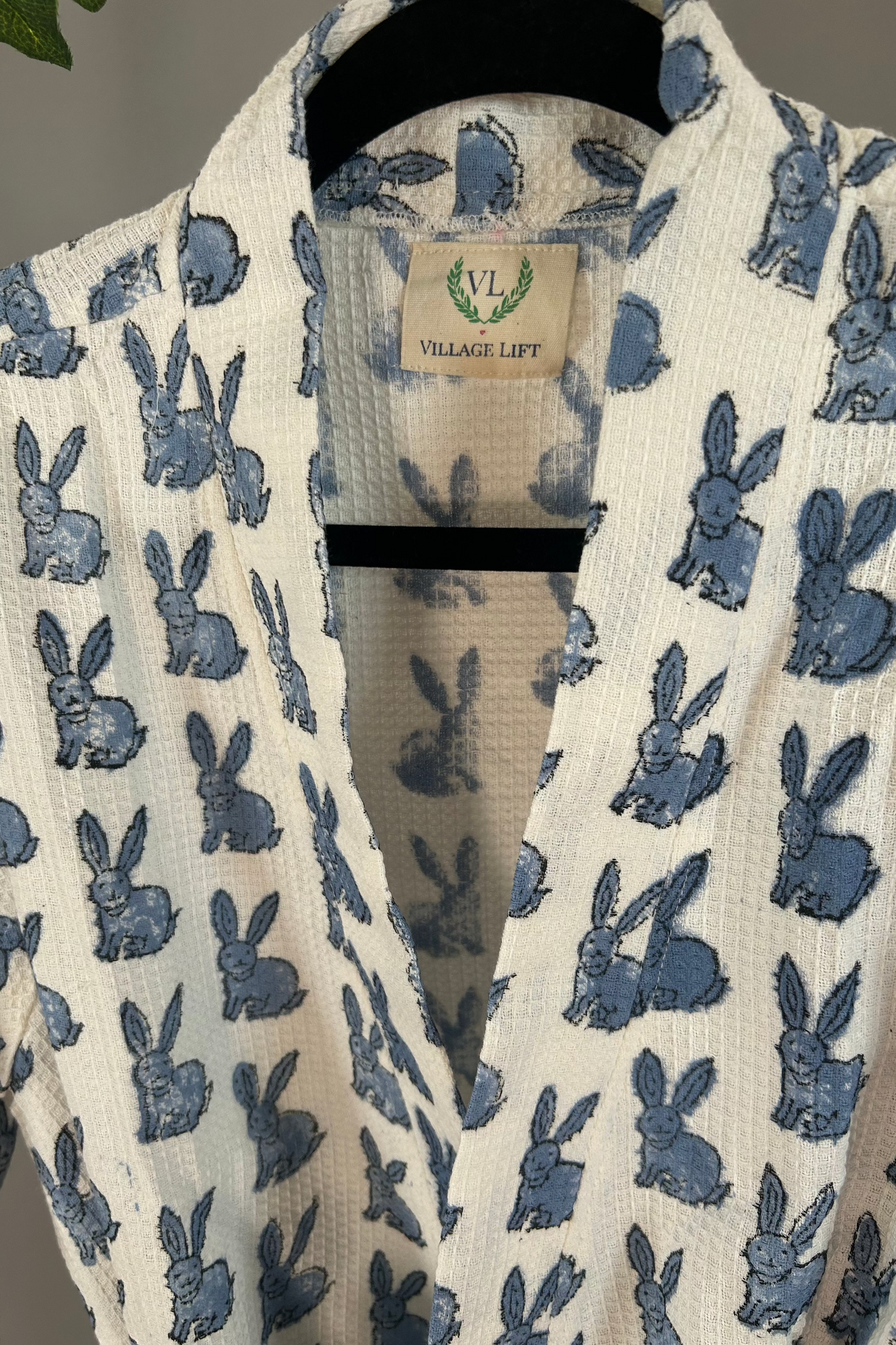 Block Print Waffle Cotton Robe - Blue Bunny