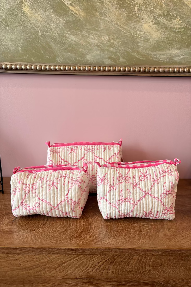 Block Print Nested Cosmetic Bags - Set of 3 - Pink Bow