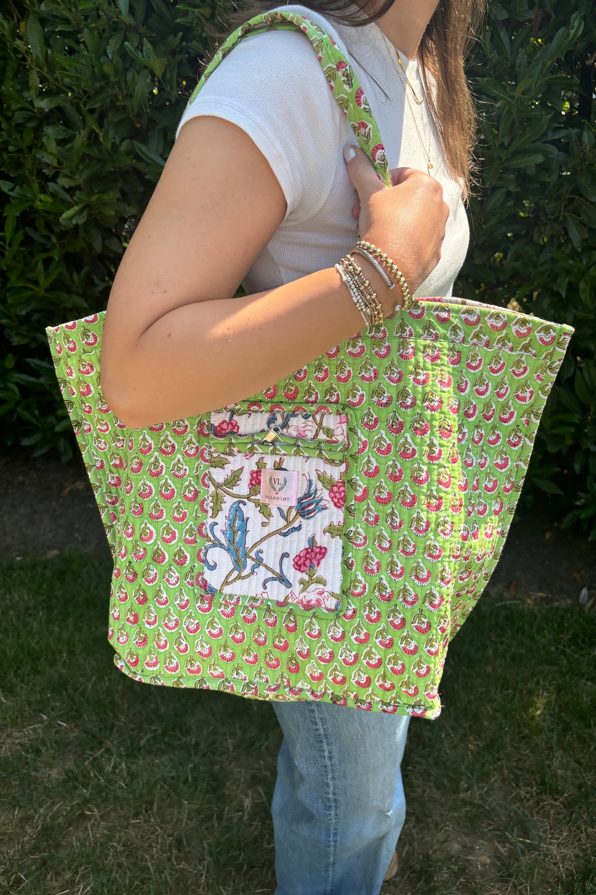 Block Print  Reversible Tote Bag - Multicolor Floral and Green Boit
