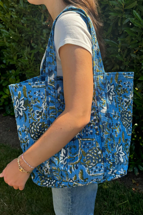 Block Print  Reversible Tote Bag - Blue Floral with Blue Boti