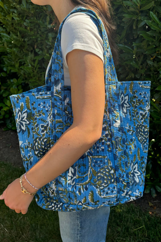 Block Print  Reversible Tote Bag - Blue Floral with Blue Boti
