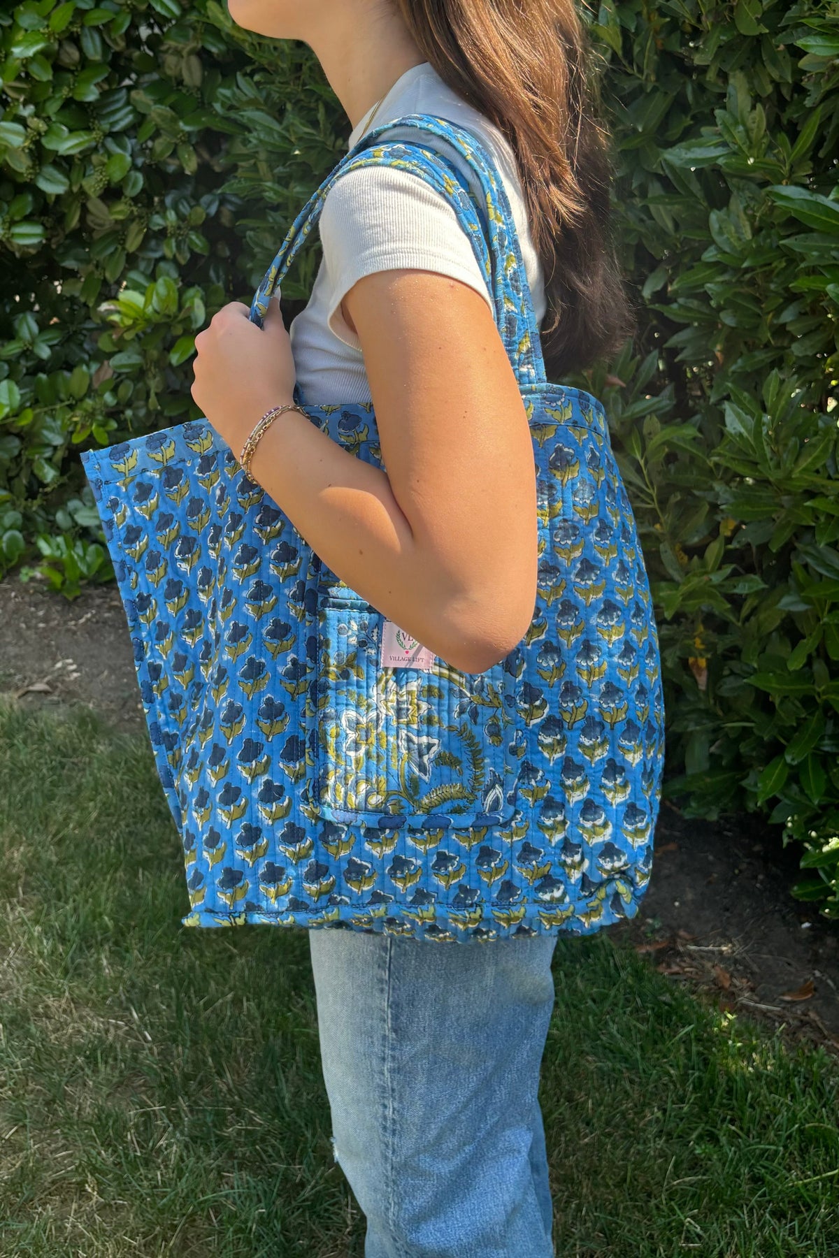 Block Print  Reversible Tote Bag - Blue Floral with Blue Boti