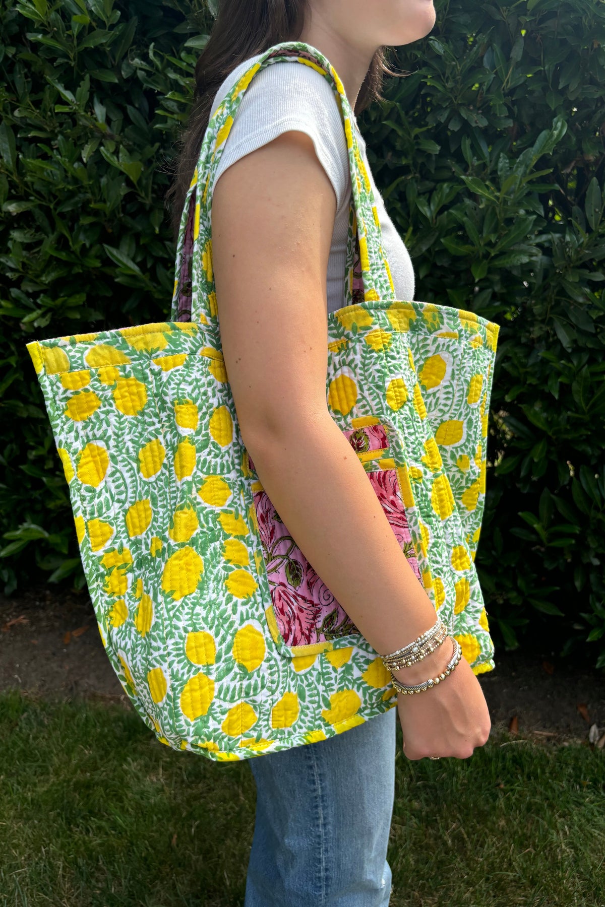 Block Print  Reversible Tote Bag - Pink Floral and Lemons