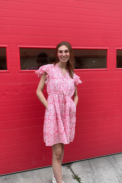 Block Print Cinched Waist Tier Dress - Pink - Short