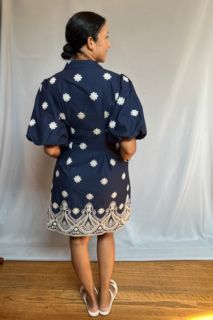 Puff Elegance Contour Dress - Embroidered Navy