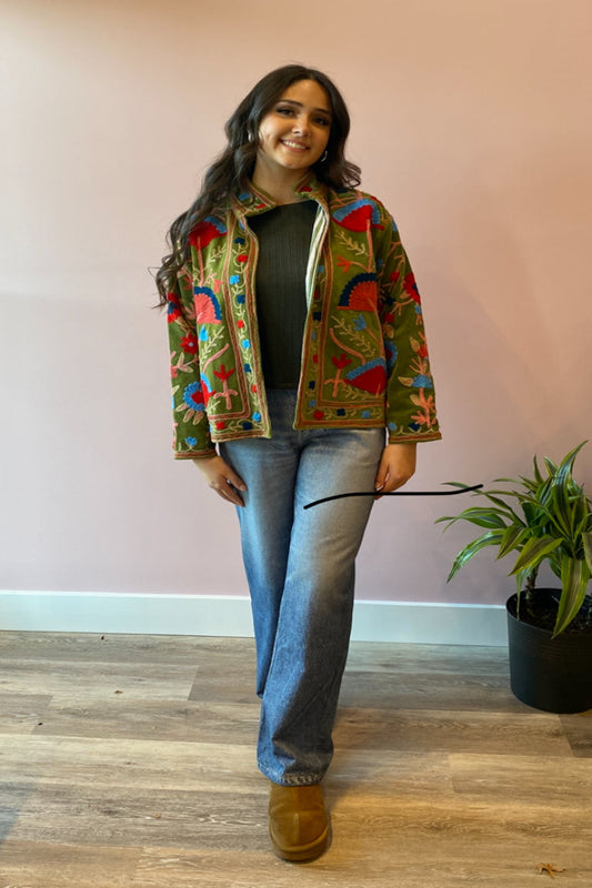 Embroidered Reversible Velvet Jacket - Green Floral
