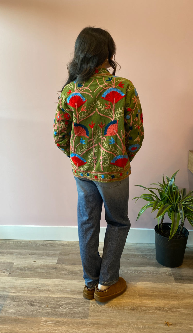 Embroidered Reversible Velvet Jacket - Green Floral