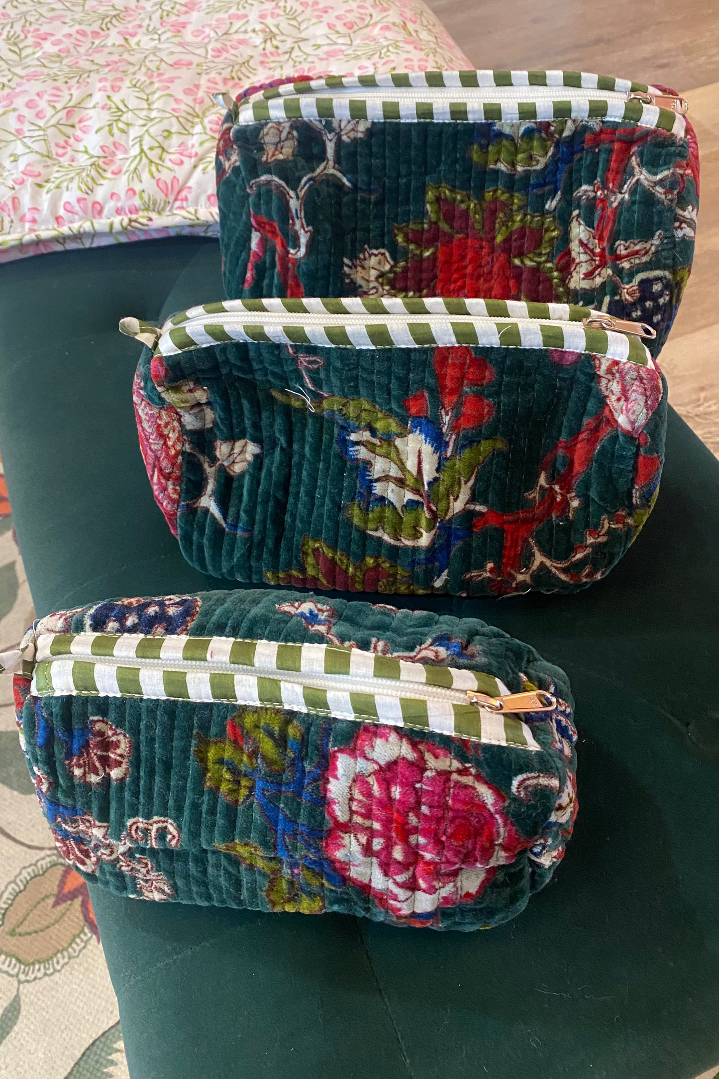Velvet Nested Cosmetic Bags - Set of 3 - Green Floral