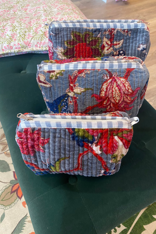 Velvet Nested Cosmetic Bags - Set of 3 - Gray Floral