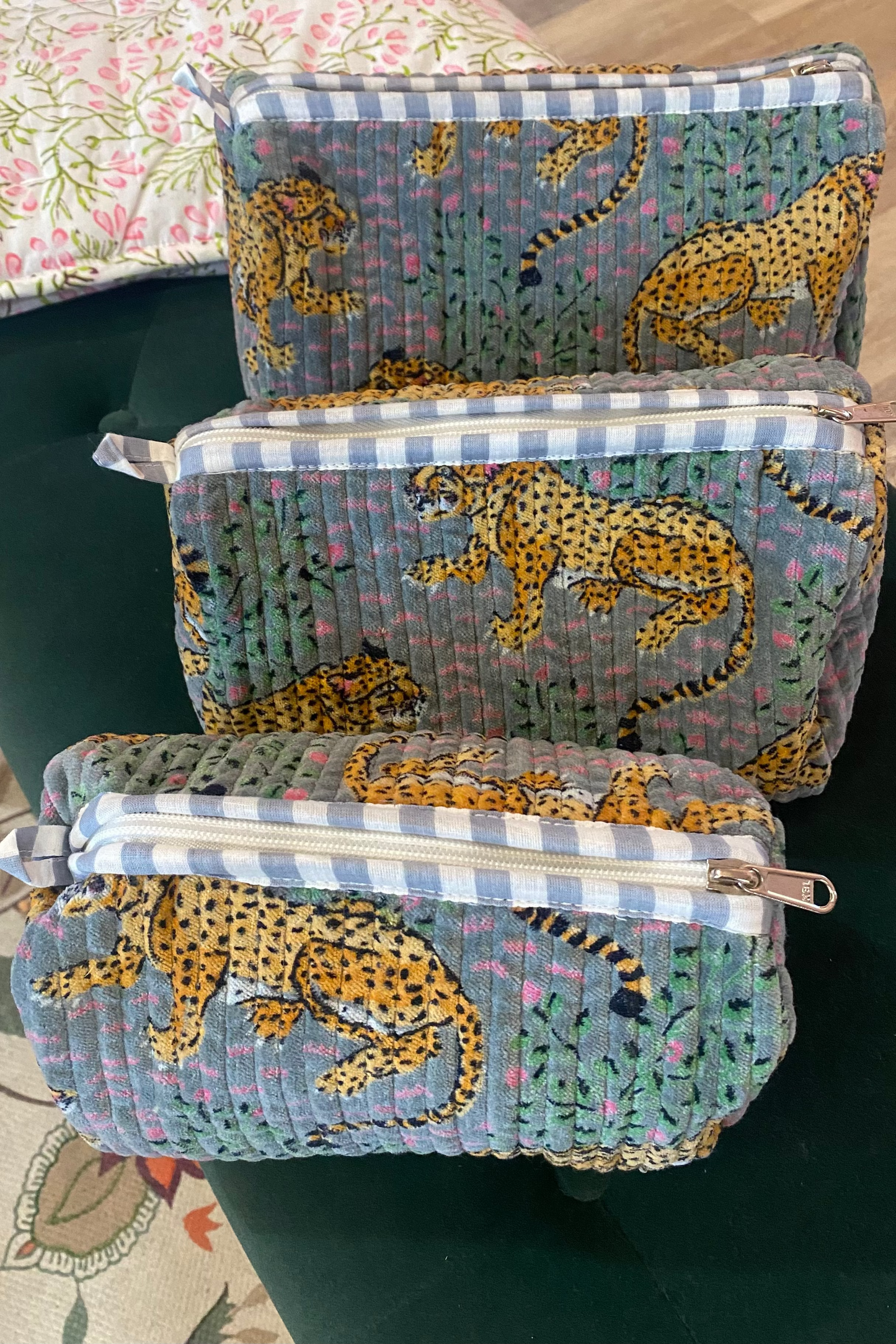 Velvet Nested Cosmetic Bags - Set of 3 - Gray Cheetah