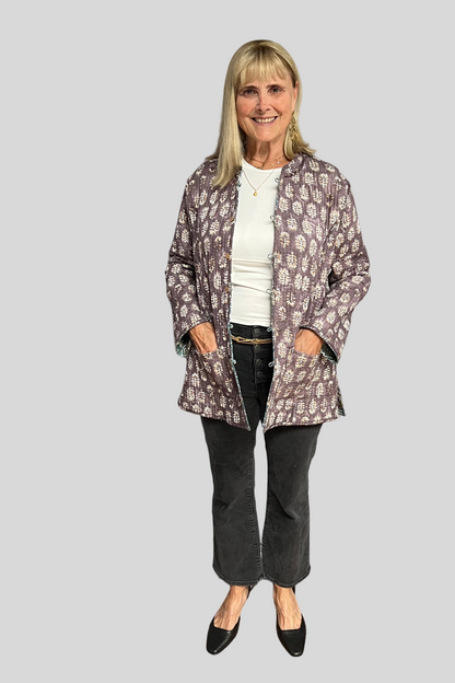 Block Print Quilted Reversible Jacket - Blue Green and Brown