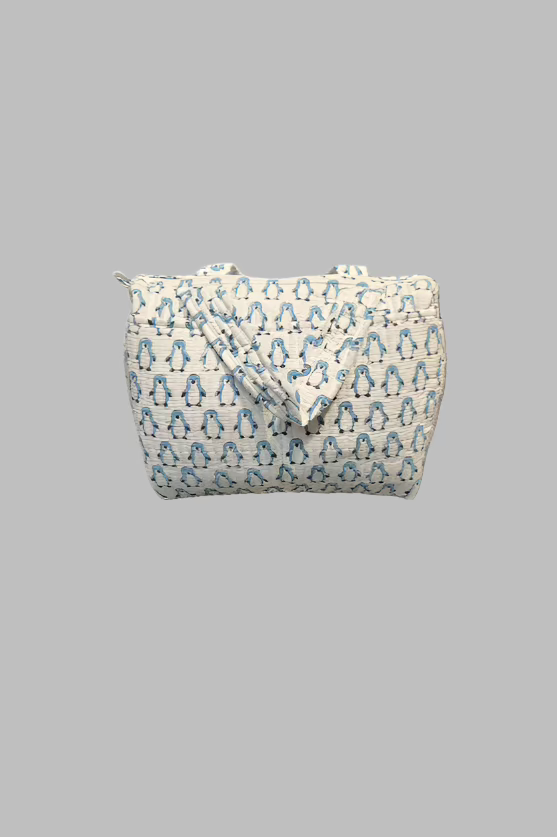 Block Print Diaper Bag - Blue Penguins