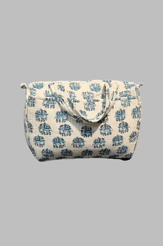 Block Print Diaper Bag - Blue Elephants