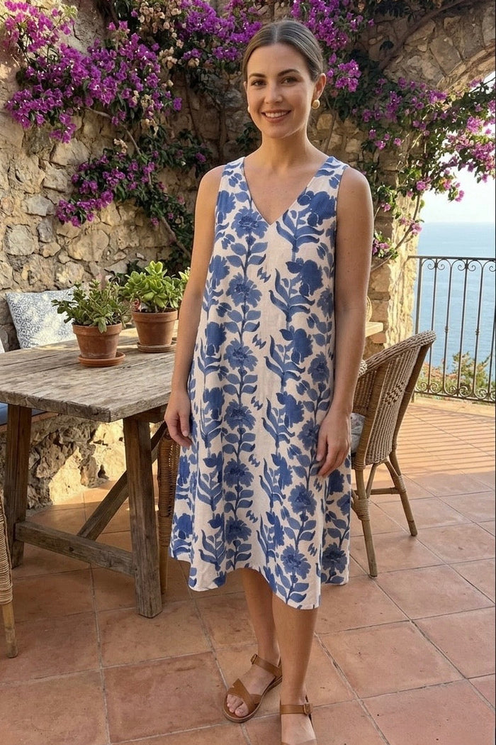Harper Tunic Dress - Blue Moghul Vine on White