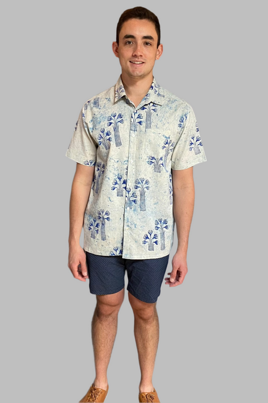 Block Print Men's Shirt - Short Sleeves - Blue