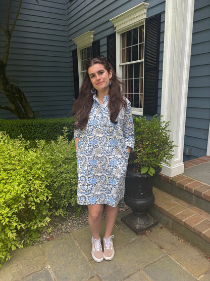 Block Print A-Line Shirt Dress - Blue & Gray Floral