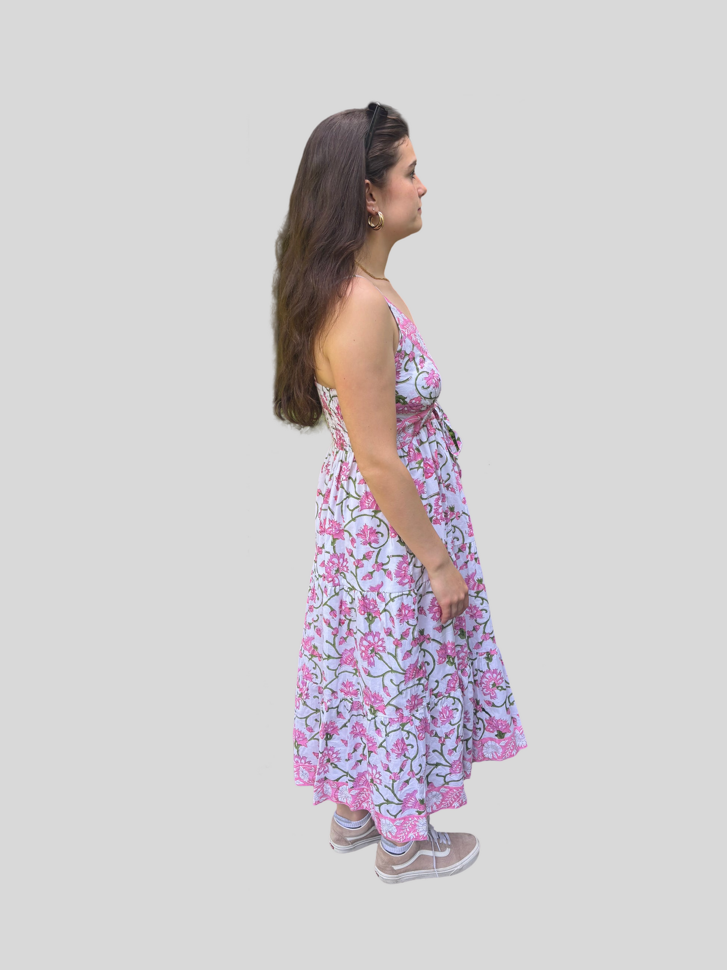 One Size Smock Back Cinched Waist Midi Sundress - Pink Vine