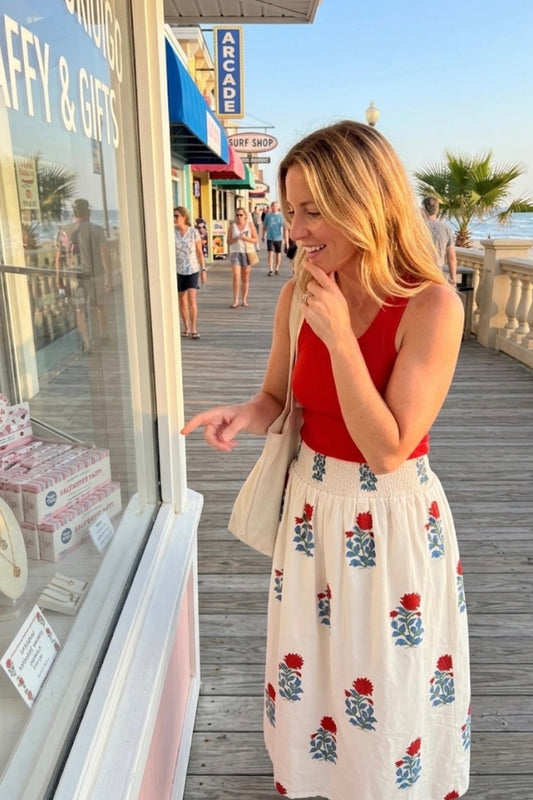 Cotton Maxi Skirt - Block Print Moghul Red and Blue Floral