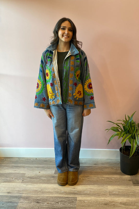 Embroidered Reversible Velvet Jacket - Blue With Sunflowers