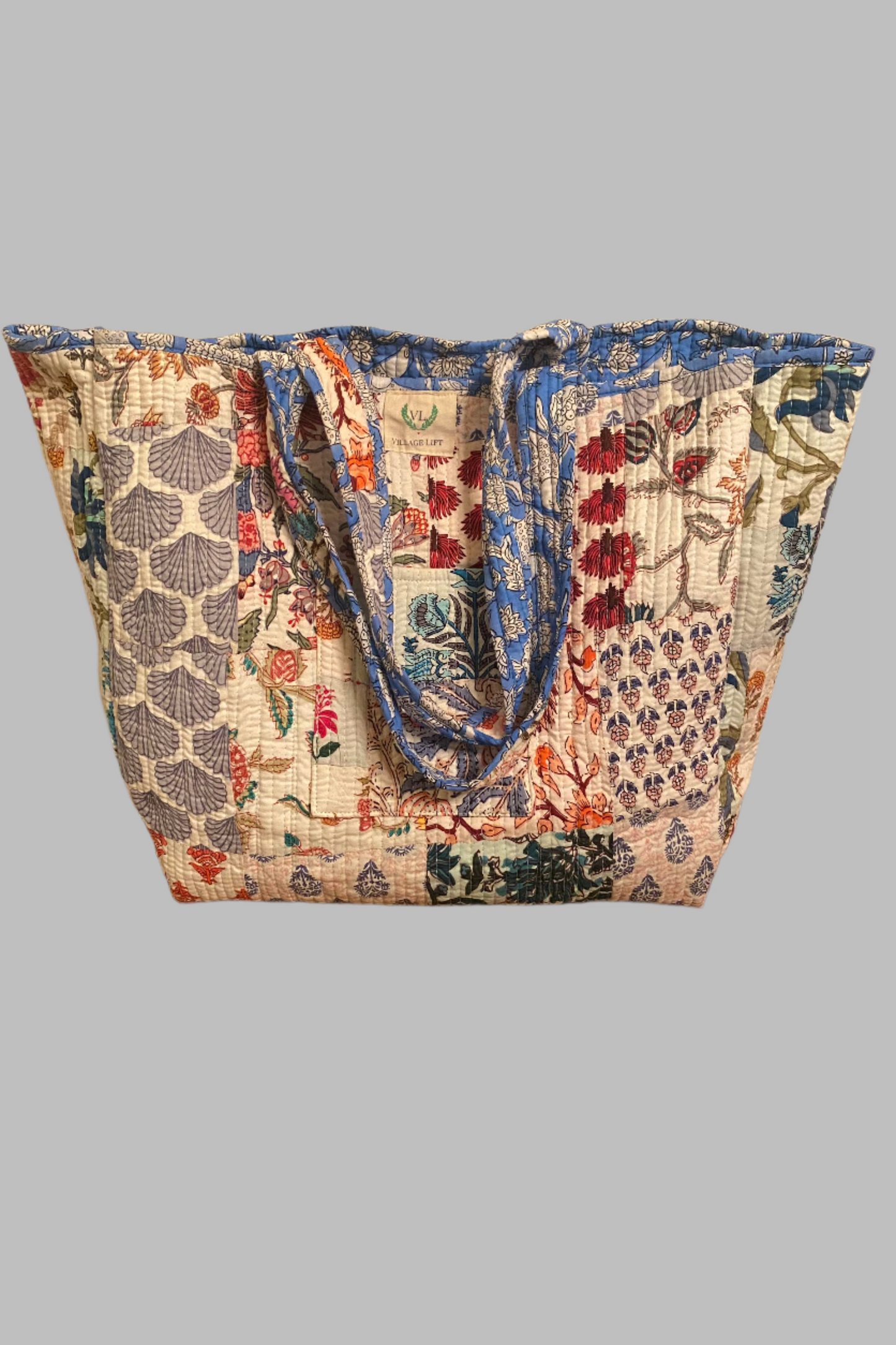 Block Print  Reversible Tote Bag - Blue Floral & Patchwork