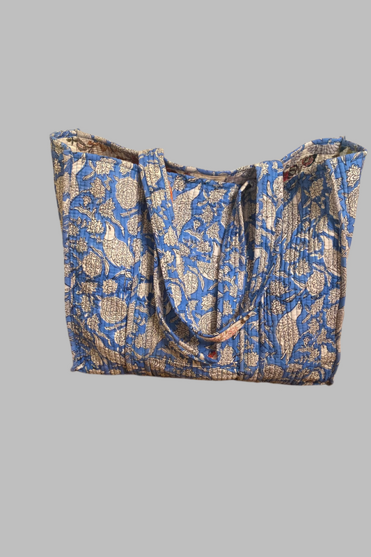 Block Print  Reversible Tote Bag - Blue Floral & Patchwork