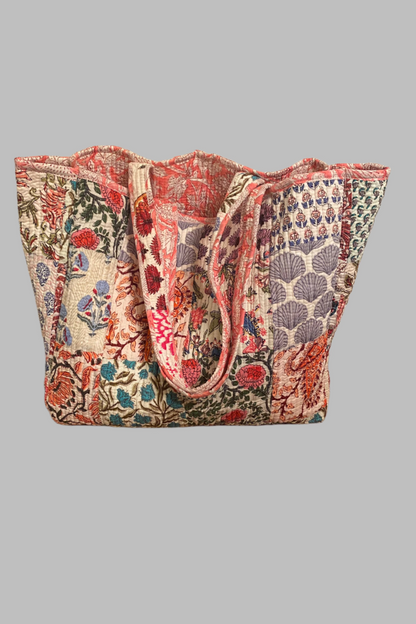 Block Print  Reversible Tote Bag - Pink Floral & Patchwork