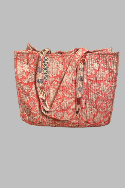 Block Print  Reversible Tote Bag - Pink Floral & Patchwork